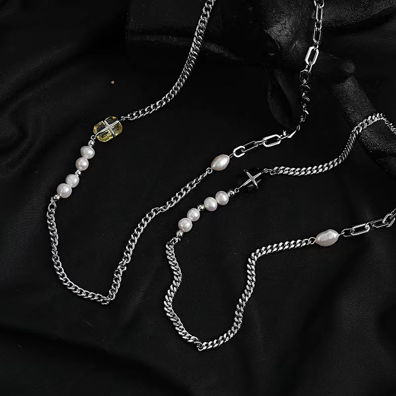 Pearl necklace female ins hip-hop trend zirconia stitching accessories personality net red with the same paragraph sweet cool hot girl collarbone chain