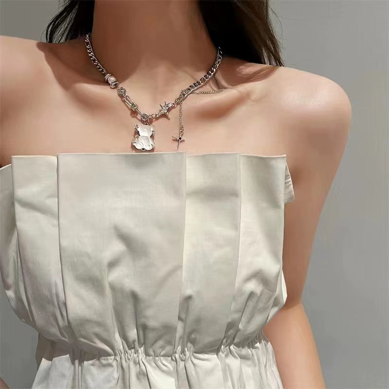 Fashion personality bear pendant stitching tassel star mango necklace female light luxury ins niche design hundred matching collarbone chain