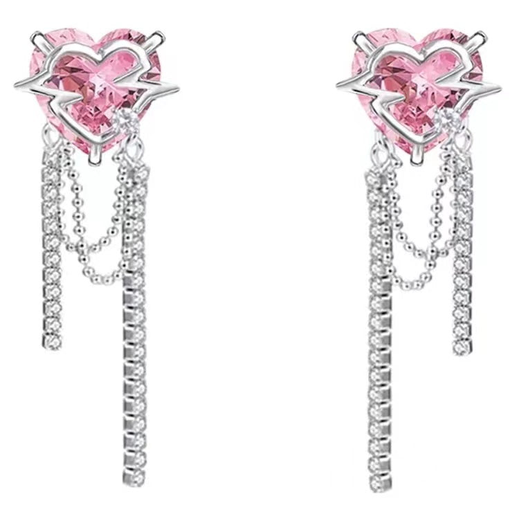 Pink peach heart glittering diamond star Tassel Earrings