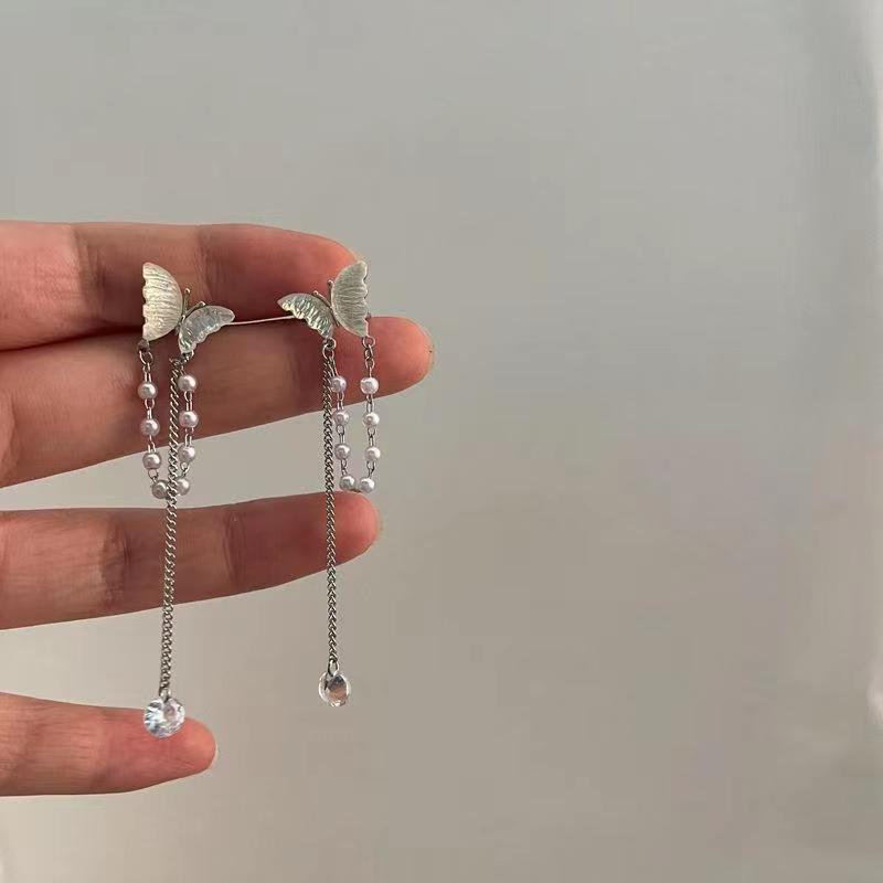 No ear hole super fairy mermaid girl color butterfly pearl tassel ear clip mori temperament fashion gentle cold ear bone clip