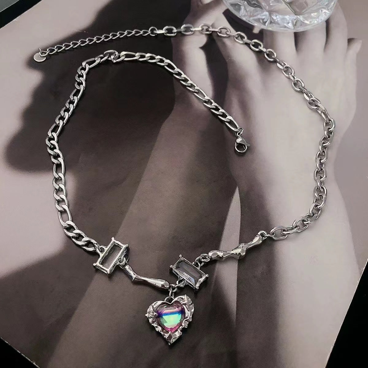 Colorful love stitching zirconia necklace female light luxury ins niche design senior sense of fashion versatile clavicle chain tide
