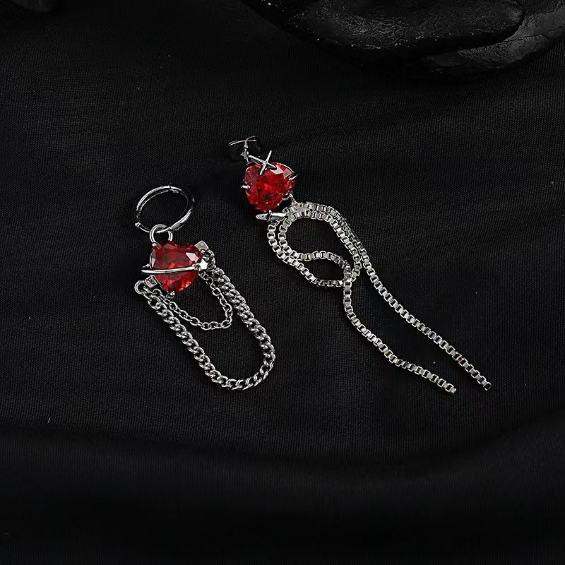 Tassel earrings female asymmetric senior sense of red love zirconia earrings ins cold wind personality sweet cool earrings