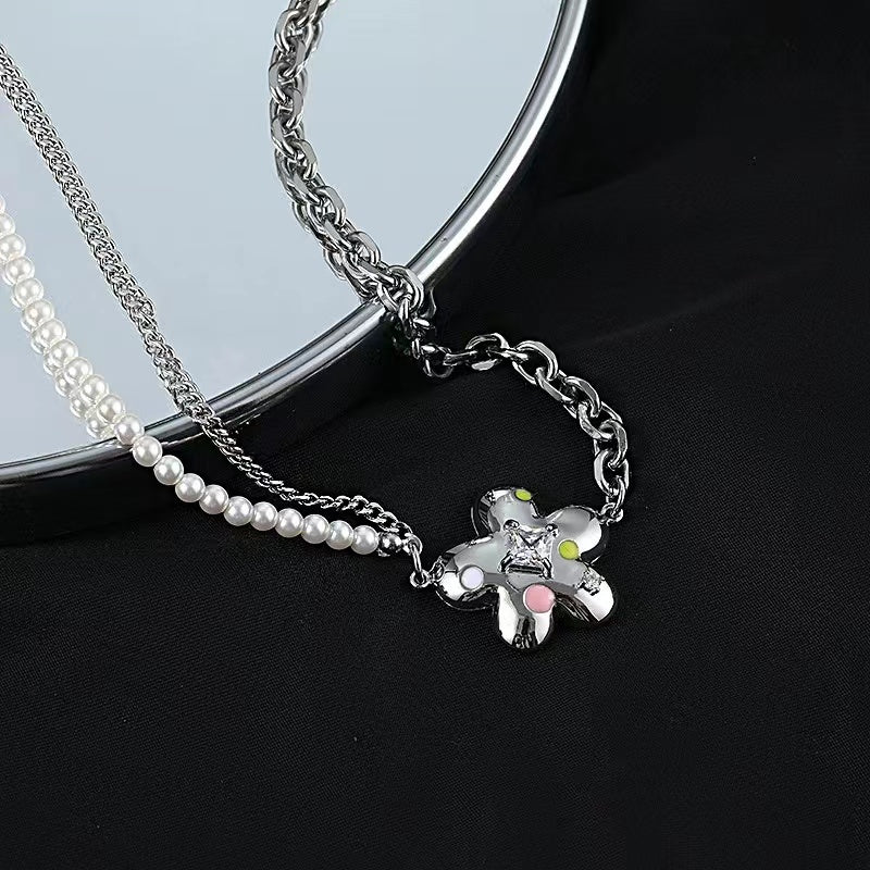 ins flower necklace female senior sense of personality fashion splicing pearl zirconia accessories niche cold wind collarbone chain