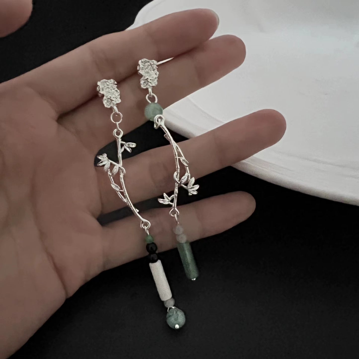 Green metal flower branch tassel chain necklace