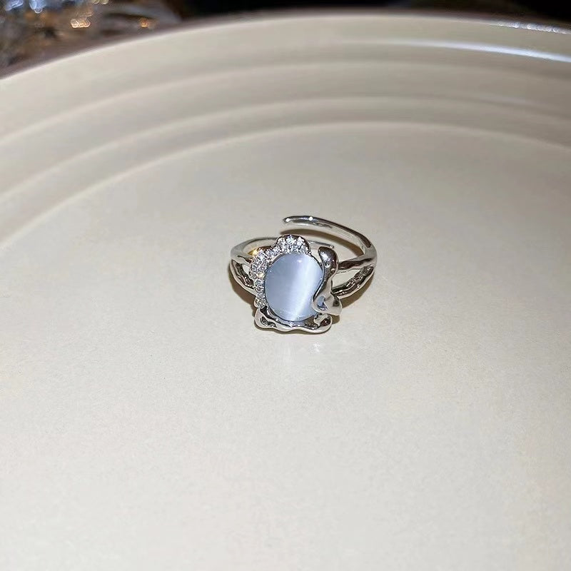 Irregular zirconia cat's eye stone oval open ring niche ins cold wind index finger ring personality trend hand jewelry