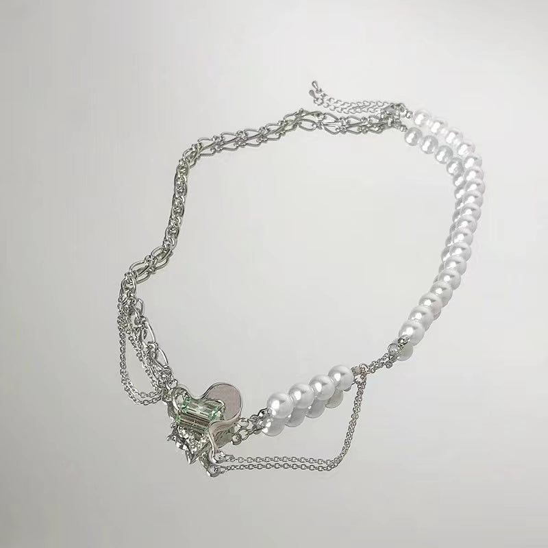 Light luxury niche mint green zirconia love pendant pearl chain