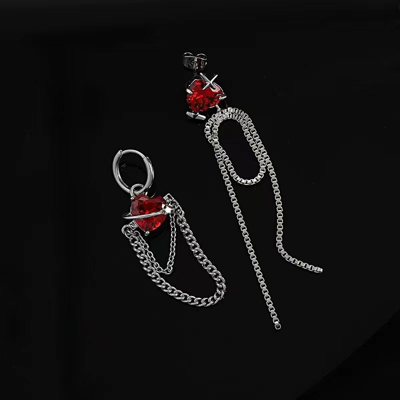 Tassel earrings female asymmetric senior sense of red love zirconia earrings ins cold wind personality sweet cool earrings