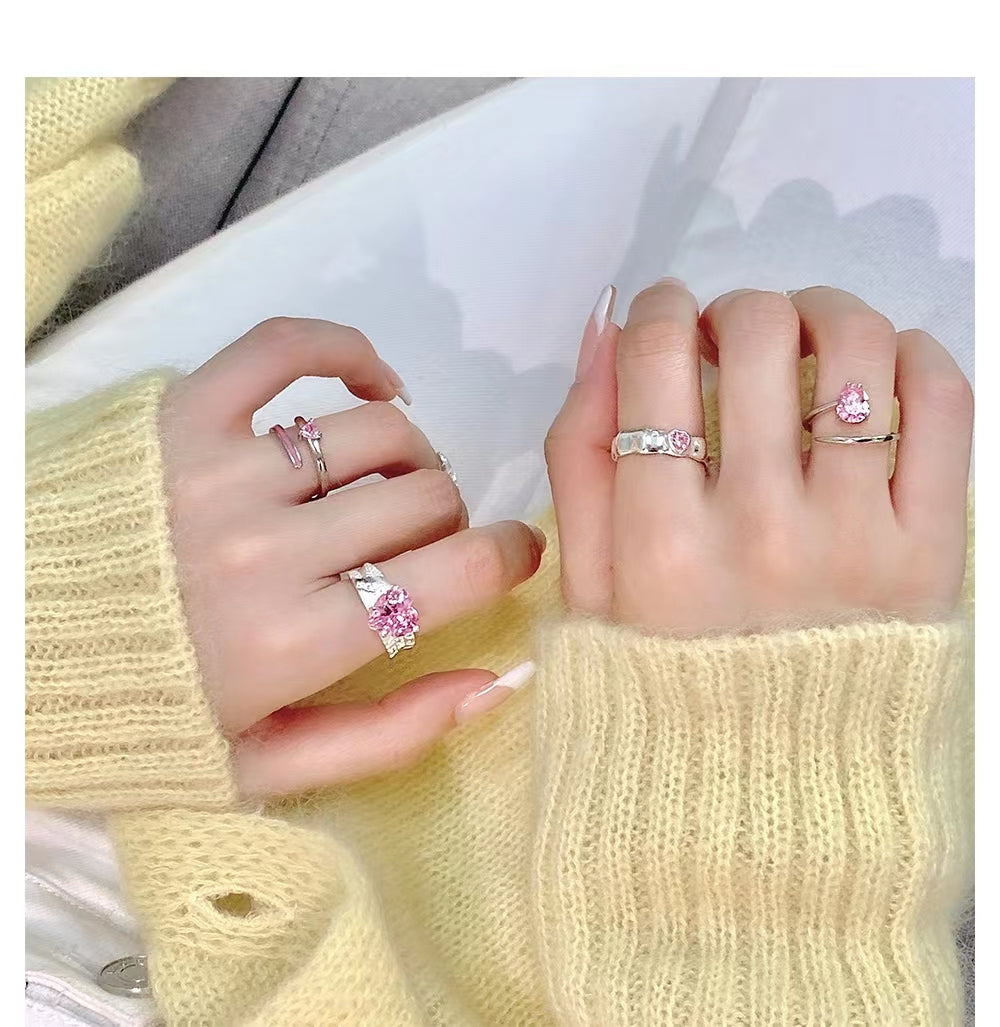 Pink heart silver ring