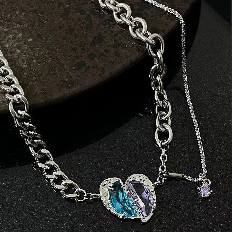 Sweet cool two-color love stitching necklace female niche light luxury ins hip-hop spice girl design sense cold wind collarbone chain