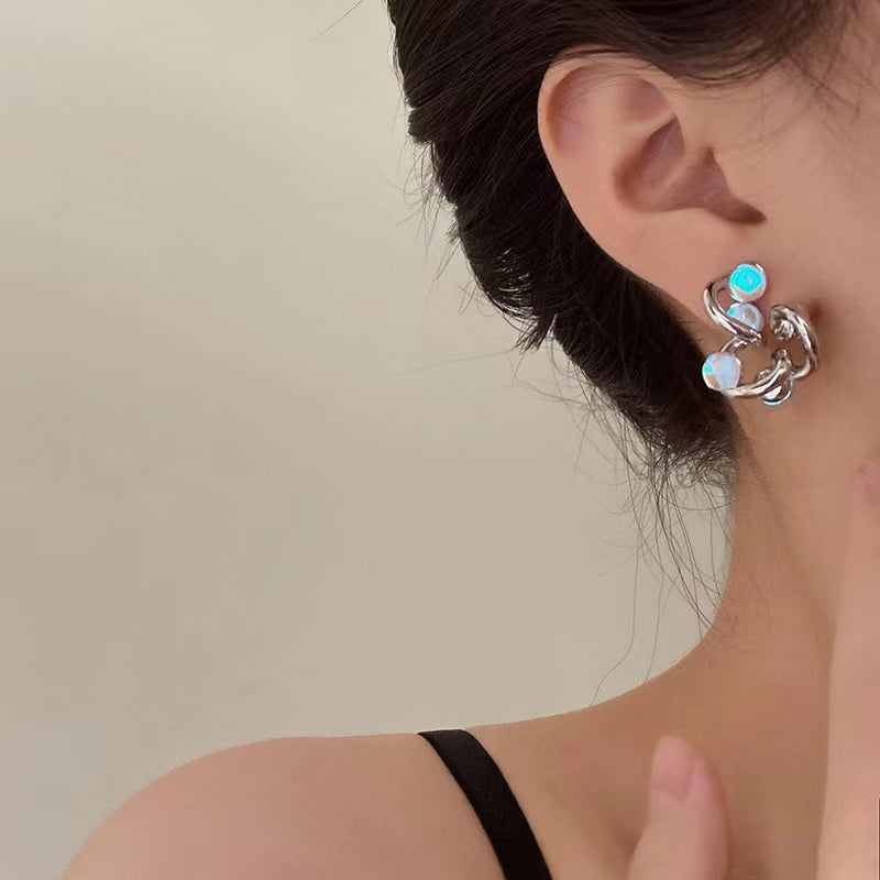 Opal stone design senior sense of silver niche cold wind earrings