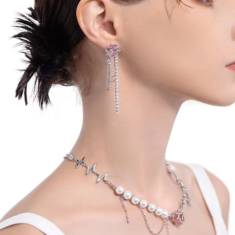 Pink peach heart glittering diamond star Tassel Earrings