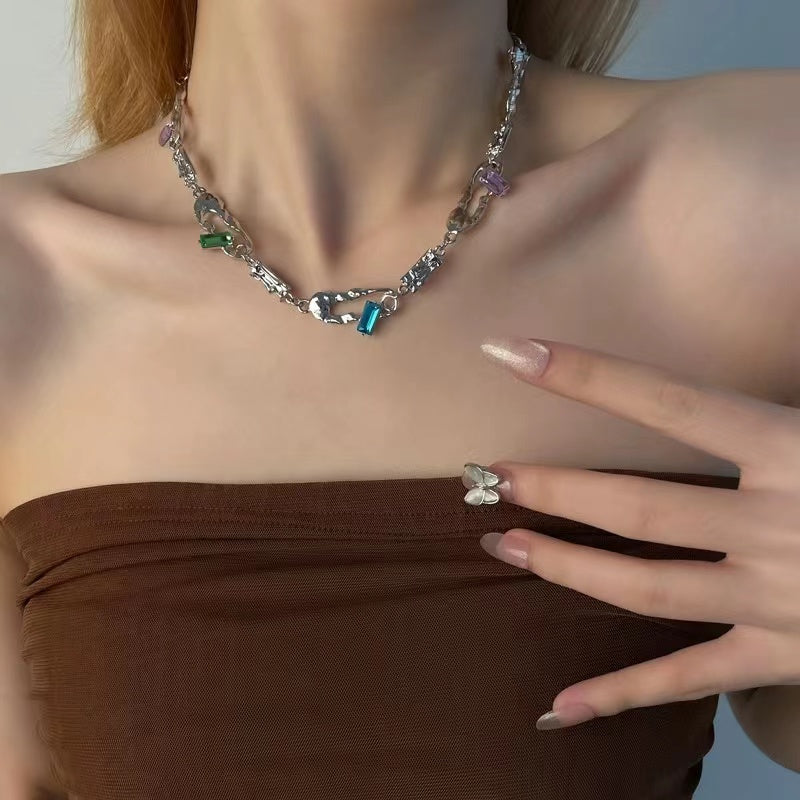 Sweet cool personality colorful diamond stitching pin necklace female niche cold wind ins hip-hop Europe and the United States design sense collarbone chain
