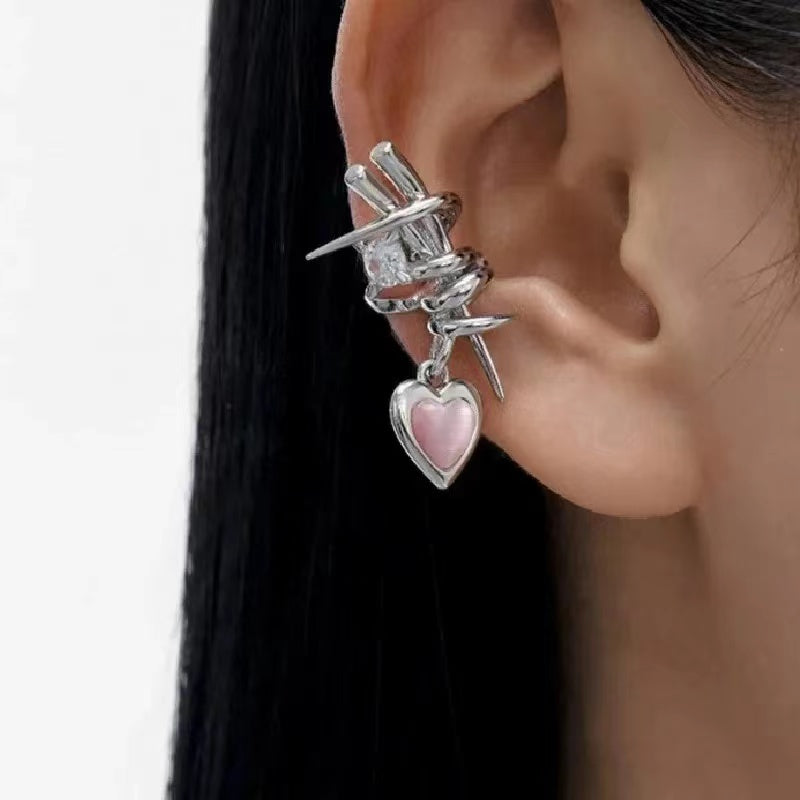Pink cat's eye stone peach heart thorns zirconia ear clips niche design premium feeling love ear bone clips without ear holes earrings