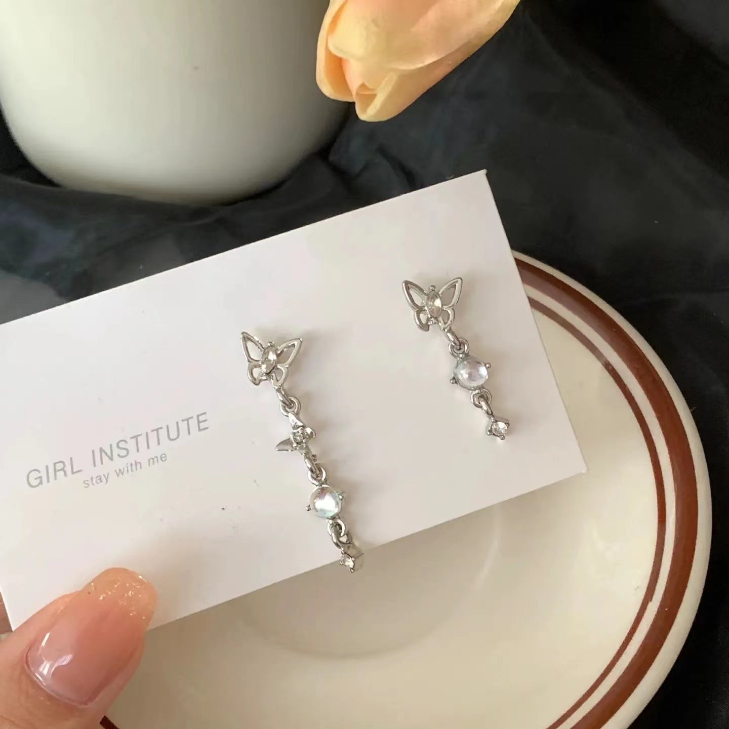S925 silver pin asymmetric butterfly tassel earrings female South Korea light luxury niche design senior ear clip earrings