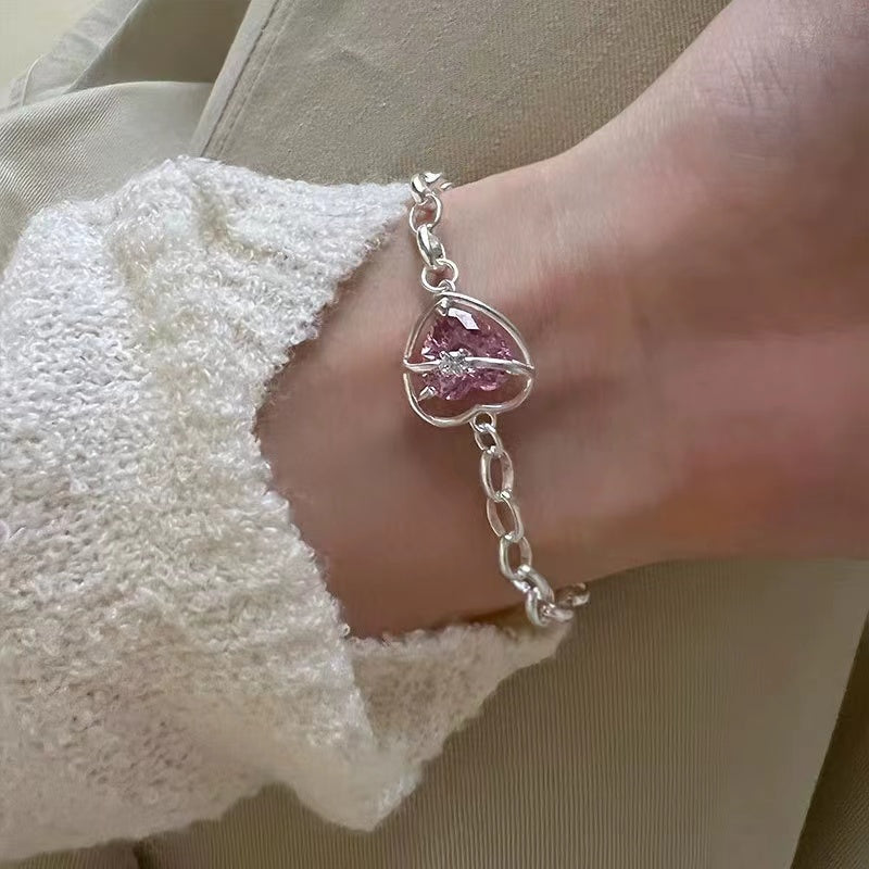 S925 silver sweet pink love bracelet female temperament fashion elegant peach heart bracelet ins literary hand jewelry