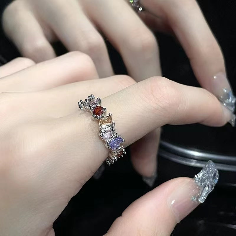 Antique open ring French court flower bud niche design pearl rainbow zircon irregular ring