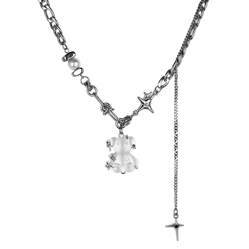 Fashion personality bear pendant stitching tassel star mango necklace female light luxury ins niche design hundred matching collarbone chain