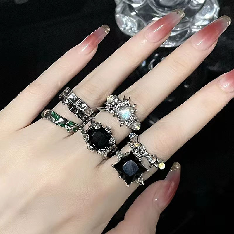 Niche design irregular French pleated texture ins dark style moonstone ring