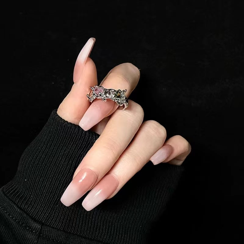 Niche original design high sense butterfly with diamonds pink zirconia open ring