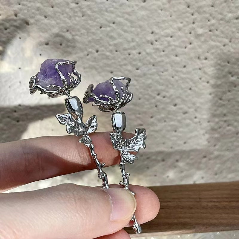 Purple imitation ore rose earrings senior sense of light luxury sweet cool rose earrings