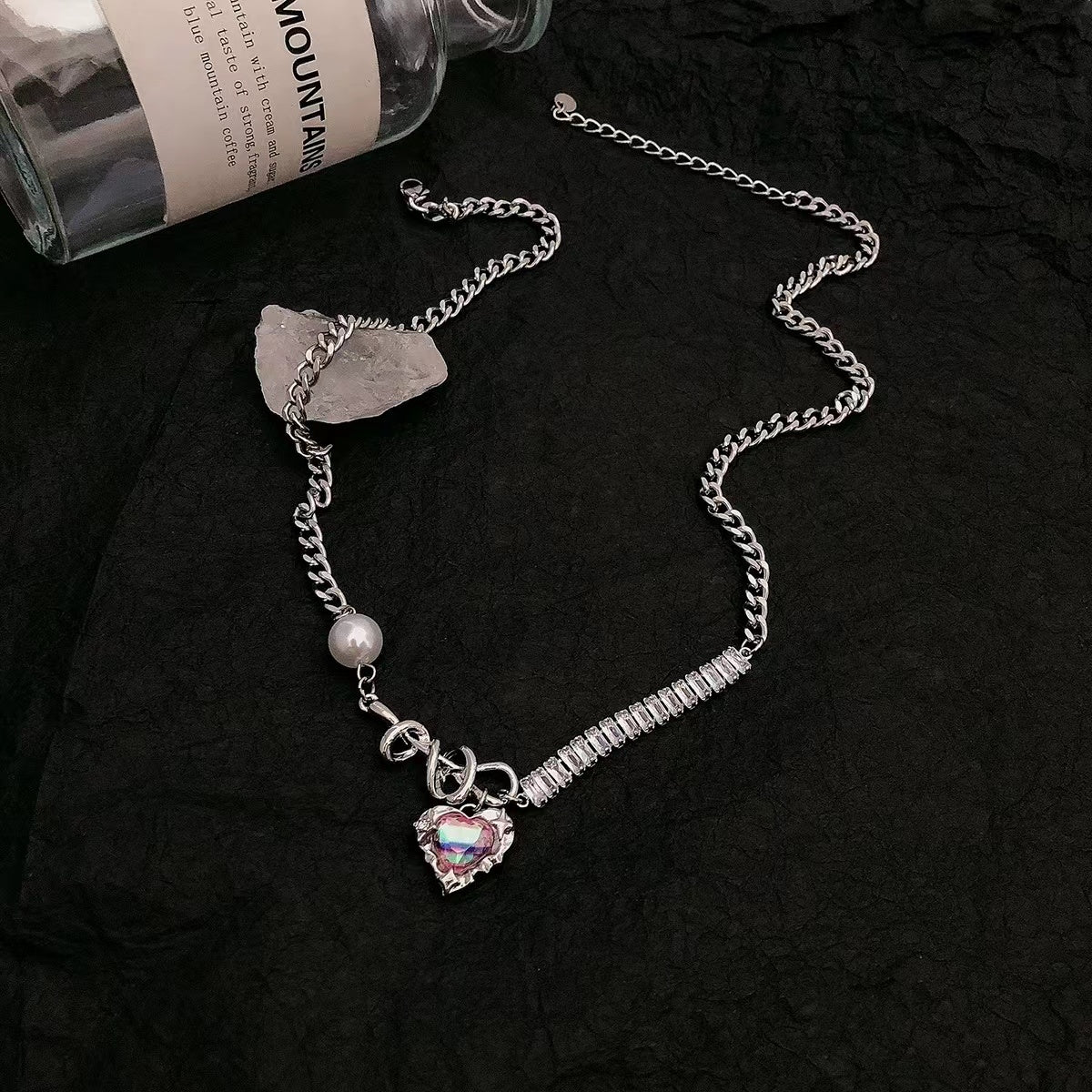 Colorful love stitching rhinestone pearl necklace female light luxury ins niche simple personality sweet cool wind collarbone chain tide