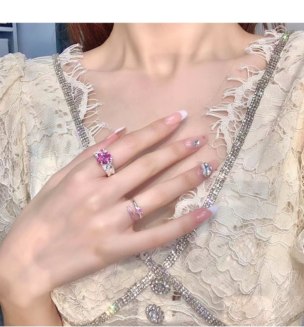Pink heart silver ring