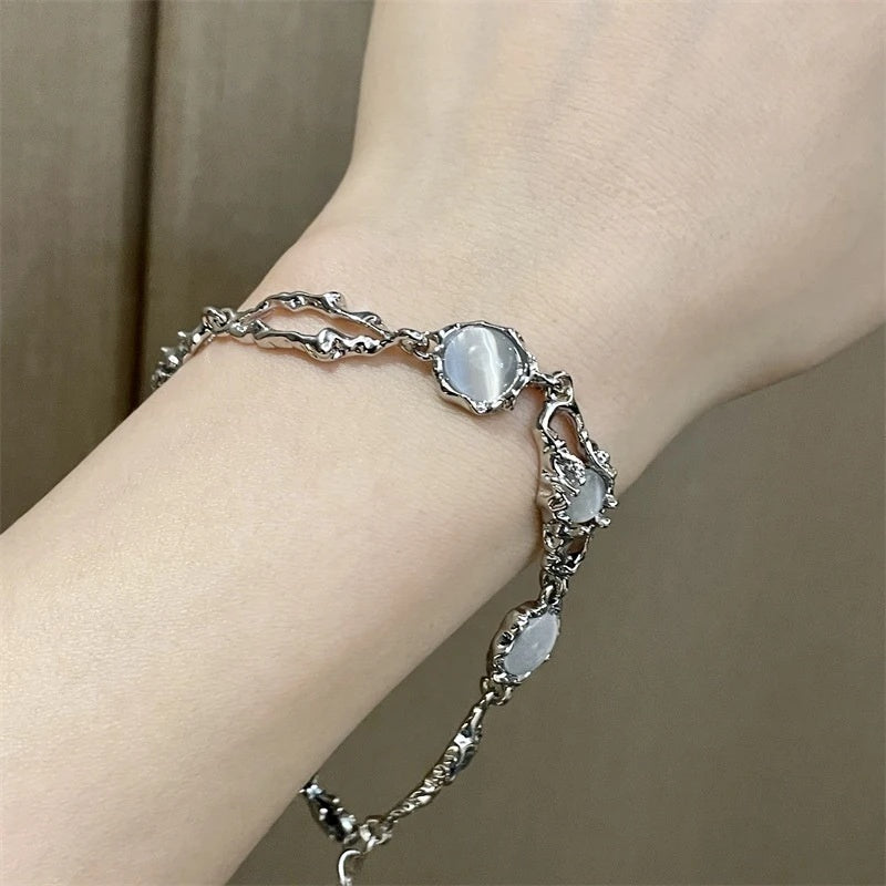 Titanium Steel Niche Design Moonstone Splicing Bracelet Advanced Cold Wind White Agate Gemstone Beaded Bracelet