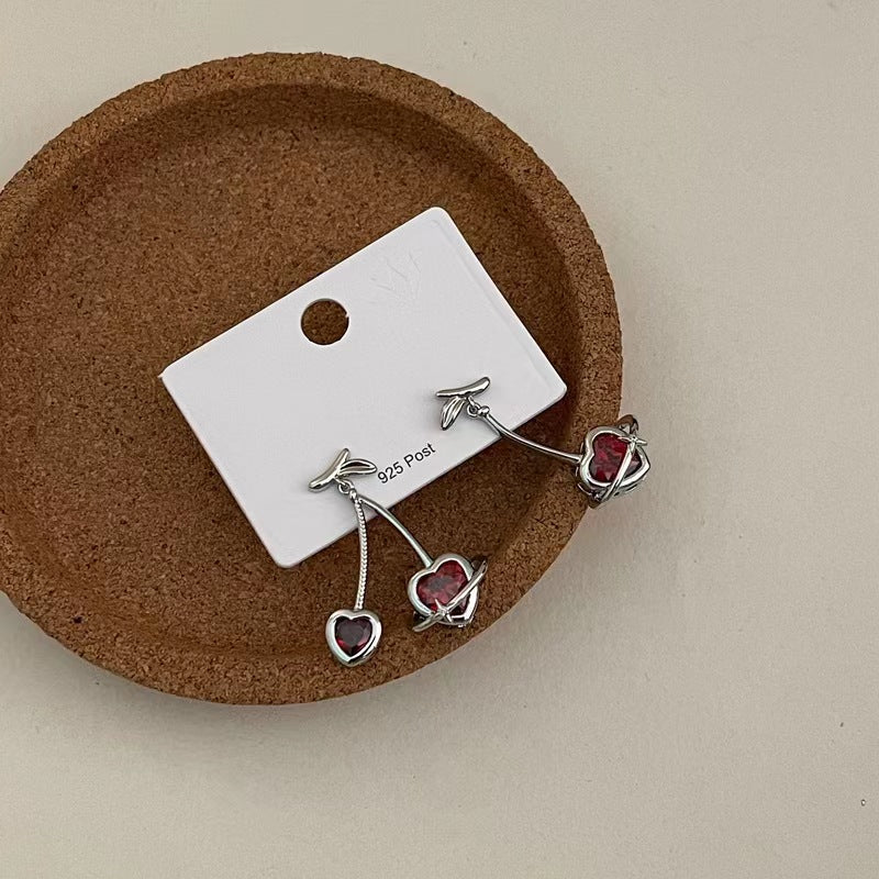 925 silver pin burgundy zirconia love Cheerios earrings niche design sense cold wind earrings ins sweet earrings