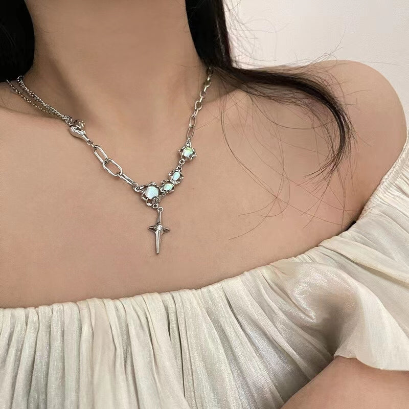 Thorny niche design sense super fairy glazed cat's eye necklace