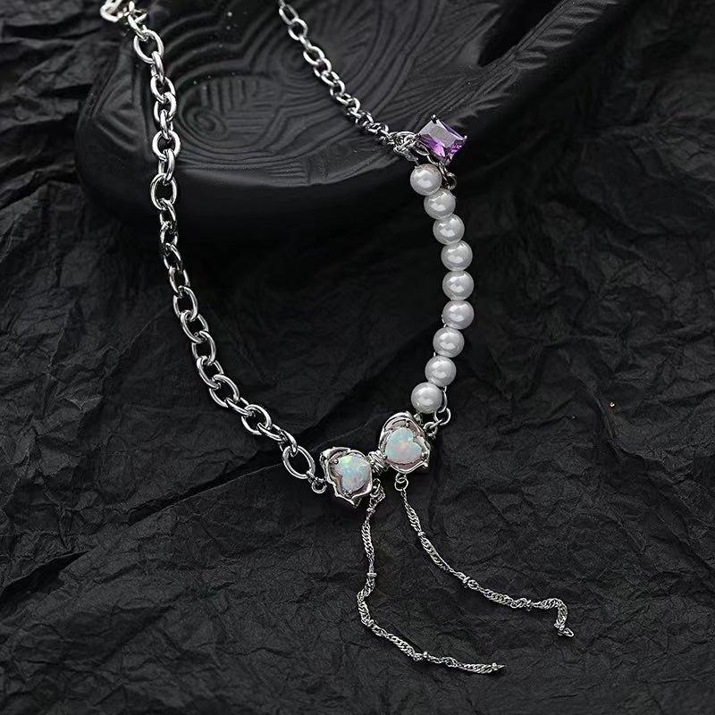 Pearl necklace female ins niche design sense sweet cool Opal bow tassel pendant Opal personality collarbone chain