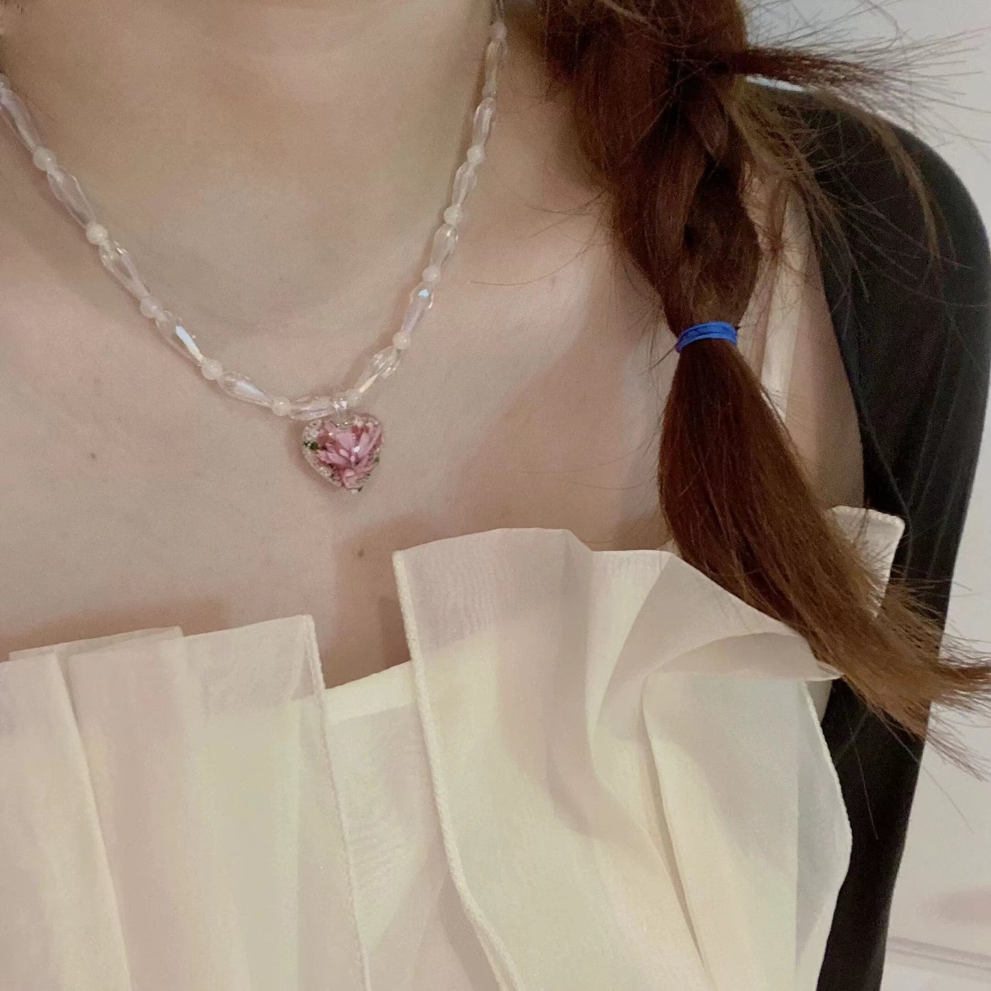 Sweet Cool Color Crystal Pearl Love Pendant Necklace