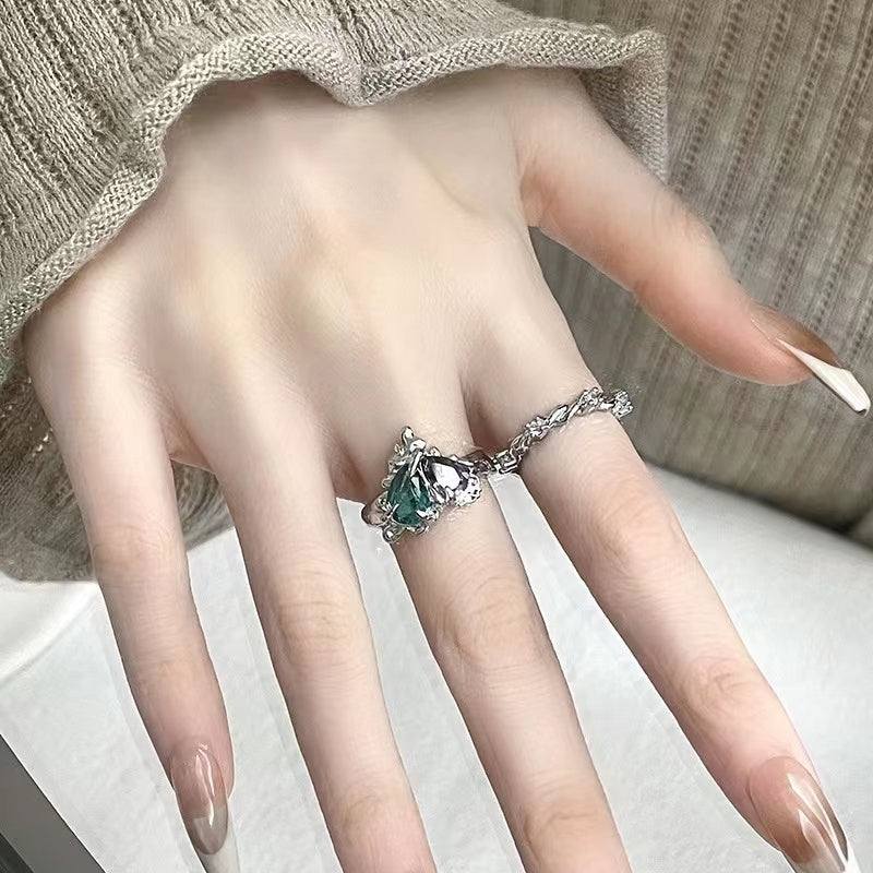 Colored gemstone love ring niche design premium feeling light luxury sweet open ring