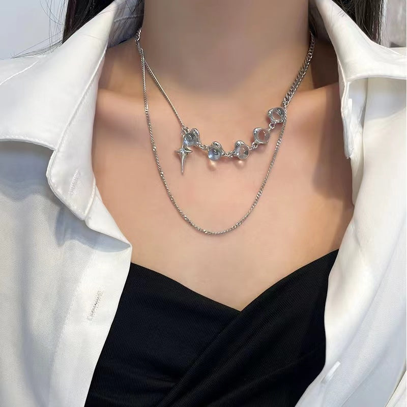 Sweet cool spicy girl light luxury transparent round beads stitching star mango necklace female niche double layer stacked wear ins hip-hop collarbone chain