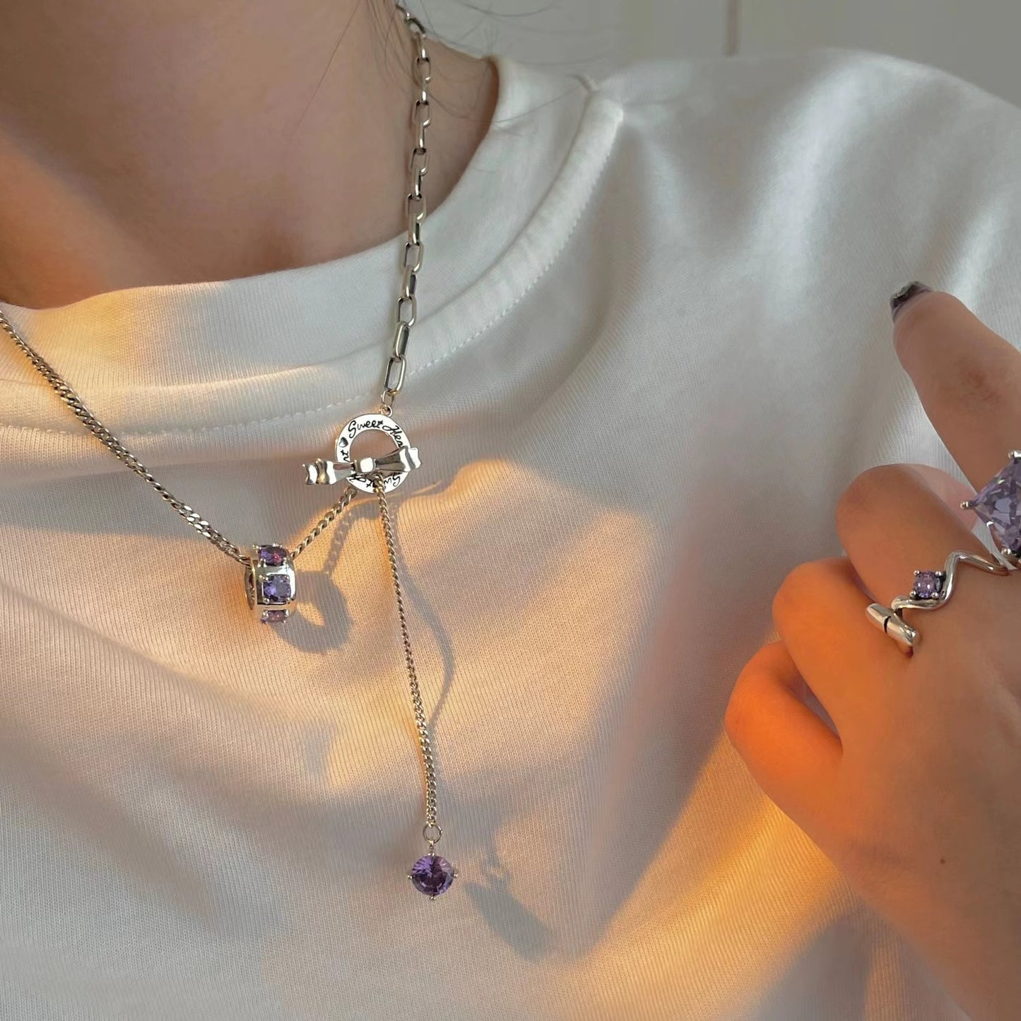 s925 sterling silver zirconia OT buckle bow necklace sweater chain female autumn and winter light luxury niche design sense fashion senior