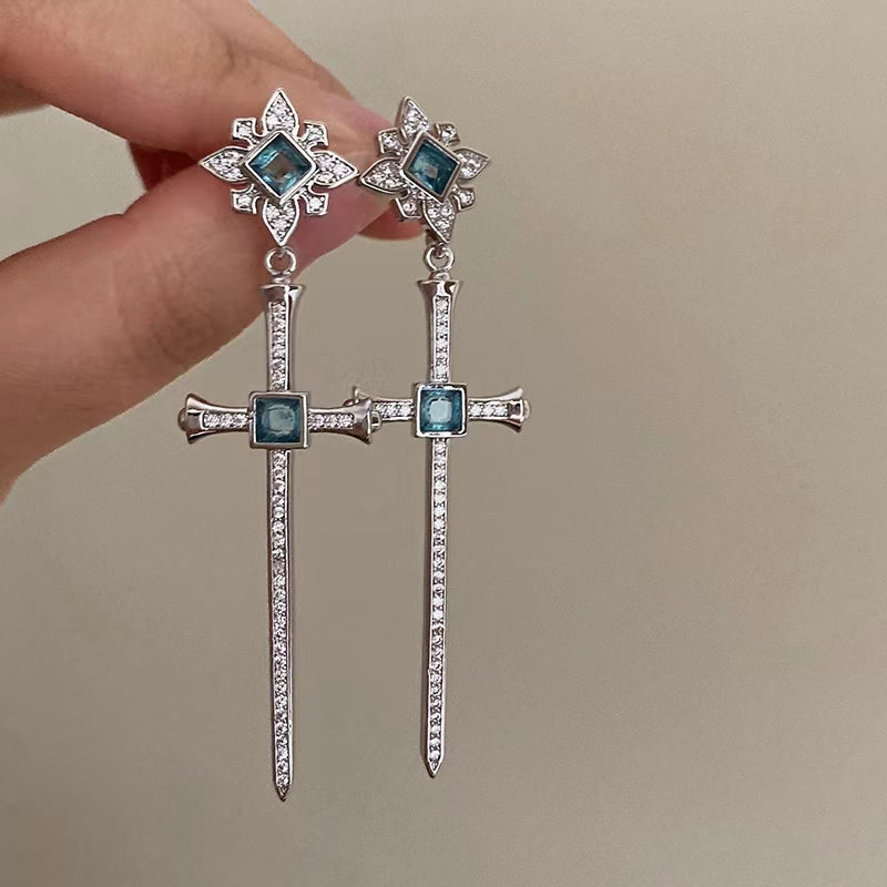 French court vintage sapphire atmospheric cross earrings