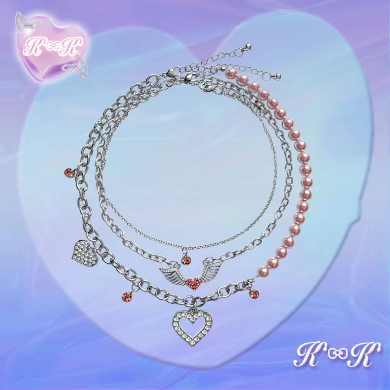 Stacked pink love pearl necklace