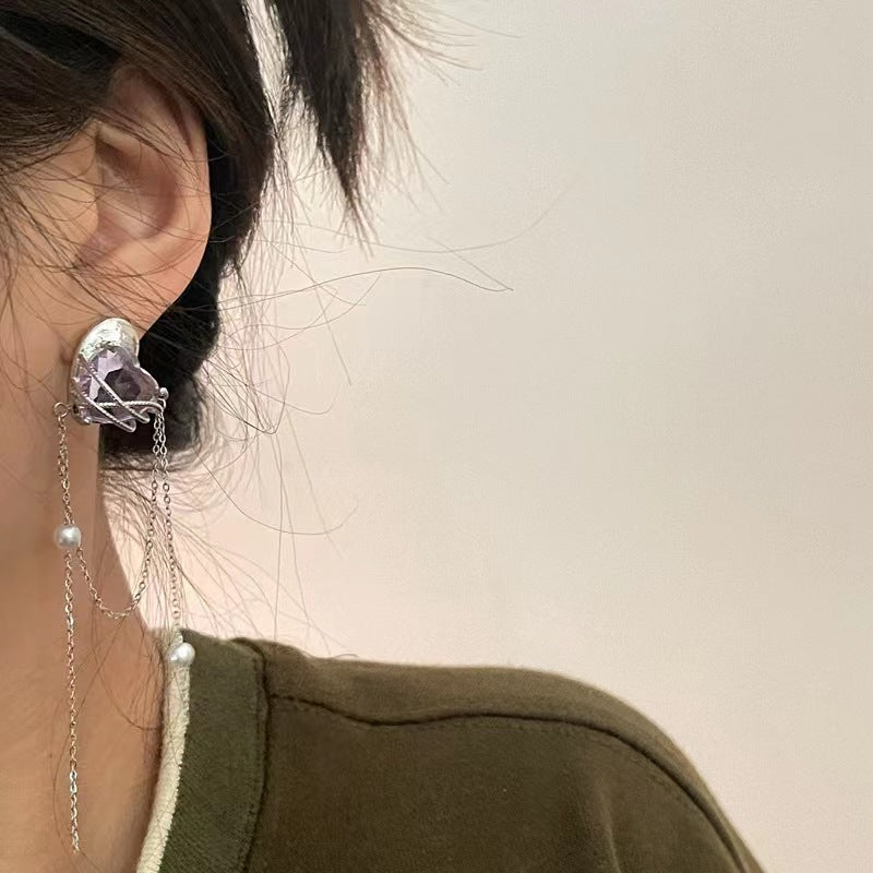 925 silver needle purple love zirconia tassel pearl earrings super fairy niche design sense senior sense earrings female tide
