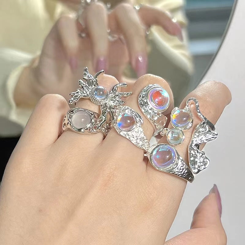 In stock moonstone opening niche design sense ins cold wind simple personality gemstone senior sense index finger ring