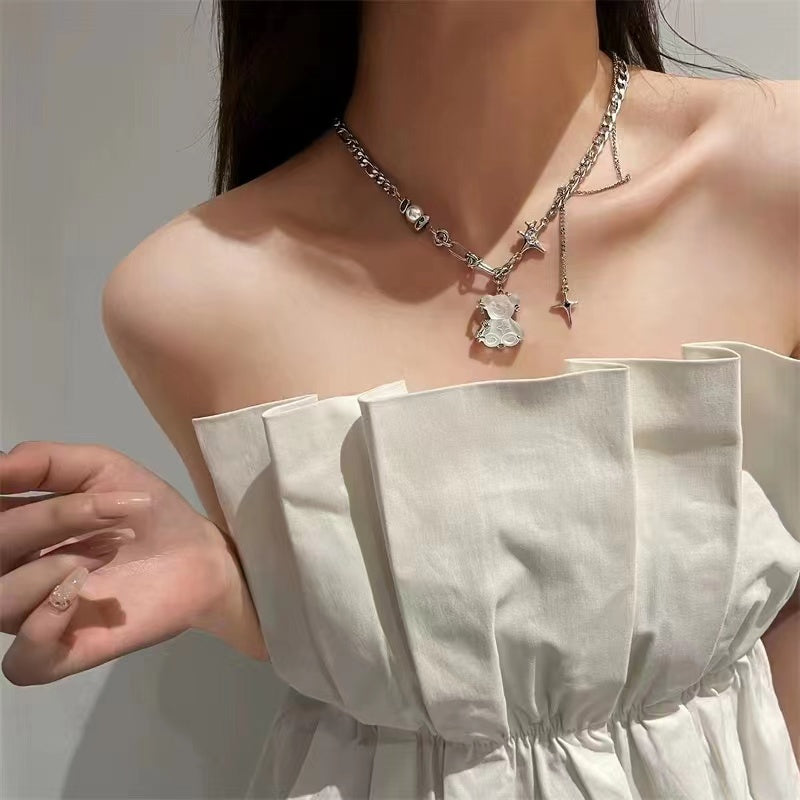 Fashion personality bear pendant stitching tassel star mango necklace female light luxury ins niche design hundred matching collarbone chain