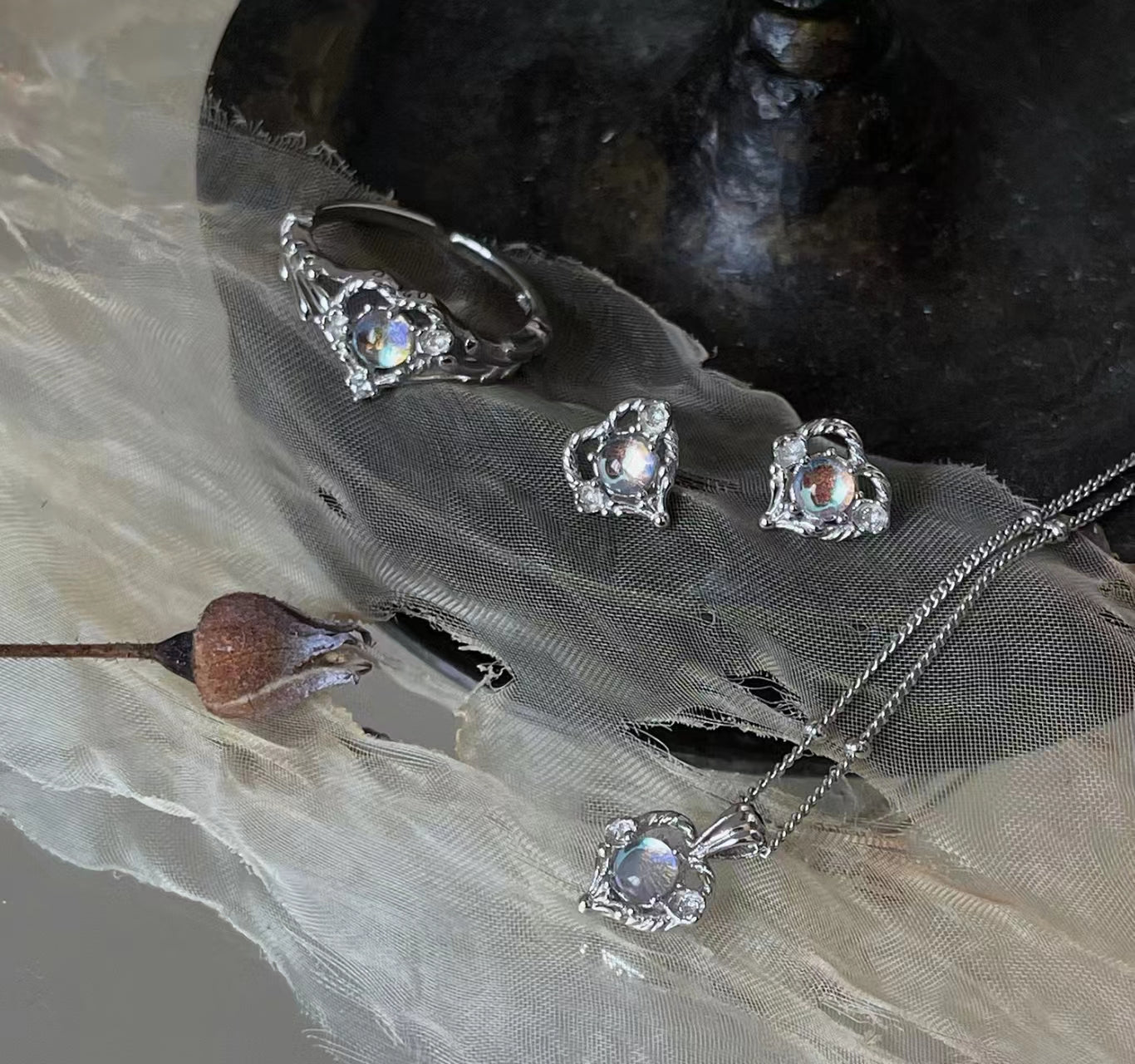 925 silver muscle love earrings necklace ring set to raise ear piercing anti-allergy