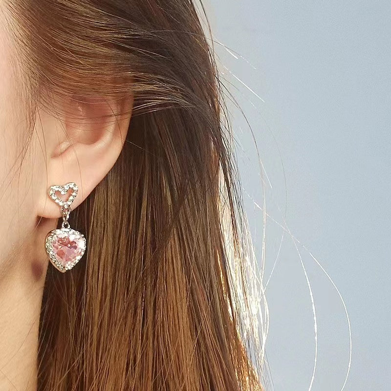 Pink diamond love zirconia necklace set light luxury full of diamonds sweet cool spicy girl style collarbone chain earrings ear pin set