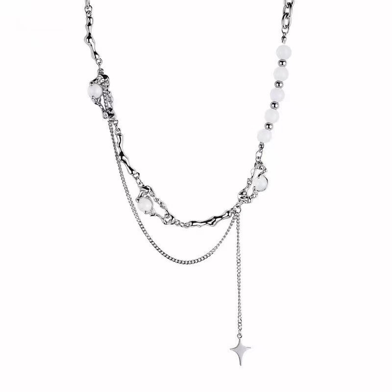 Cat's eye stone stitching mansard tassel necklace men and women niche design senior sense of temperament hip-hop cold wind collarbone chain