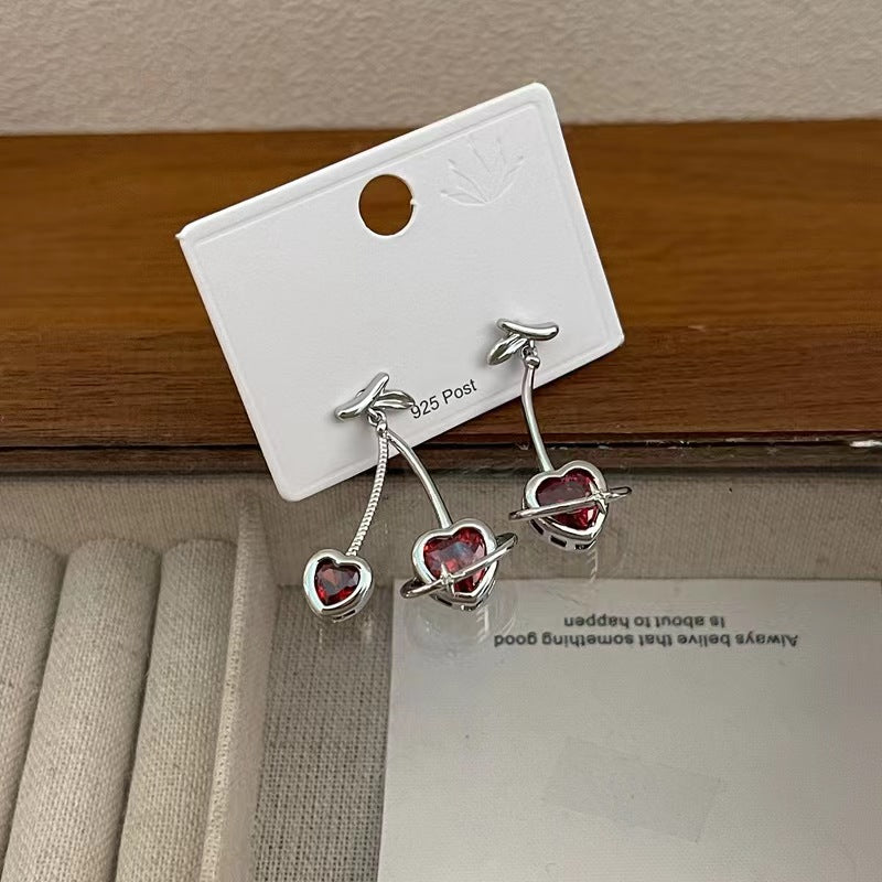 925 silver pin burgundy zirconia love Cheerios earrings niche design sense cold wind earrings ins sweet earrings
