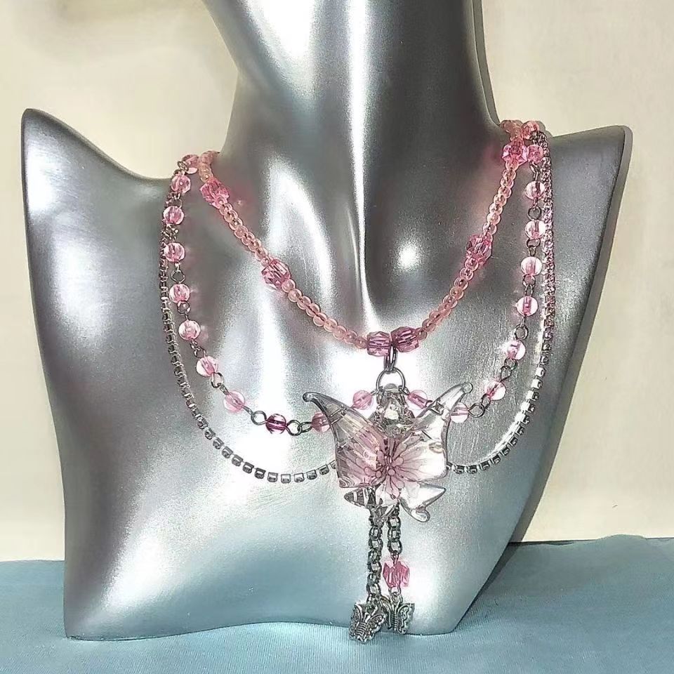 Pink butterfly stacked multi-layered love clear glaze necklace