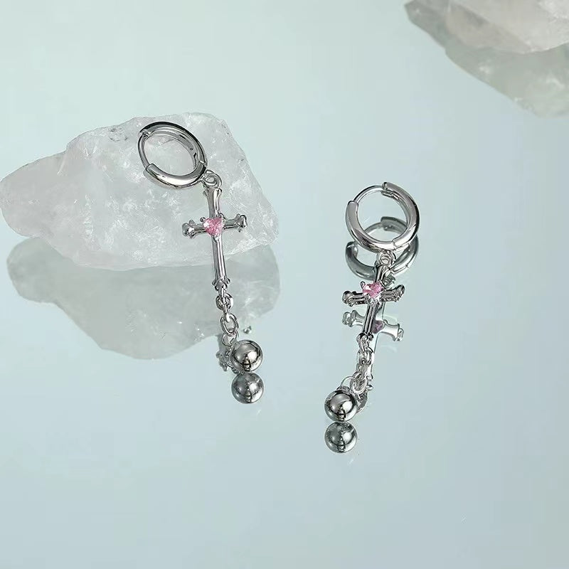 Cold wind earrings female ins personality hundred with cross long ear buckle love zirconia sweet cool senior sense earrings