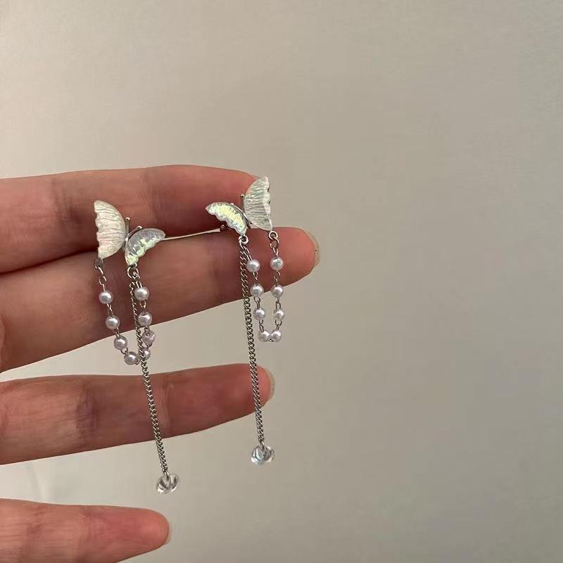 No ear hole super fairy mermaid girl color butterfly pearl tassel ear clip mori temperament fashion gentle cold ear bone clip