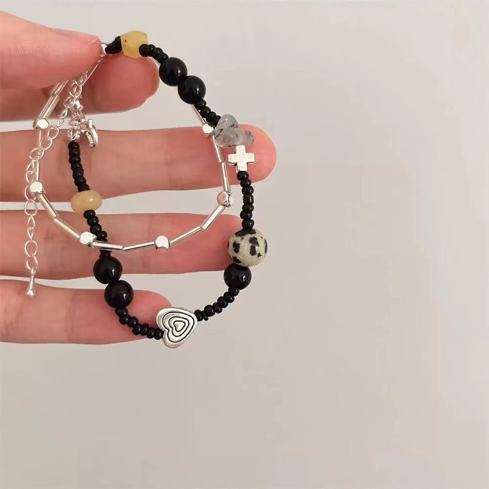 Black beaded double layer rice bead bracelet