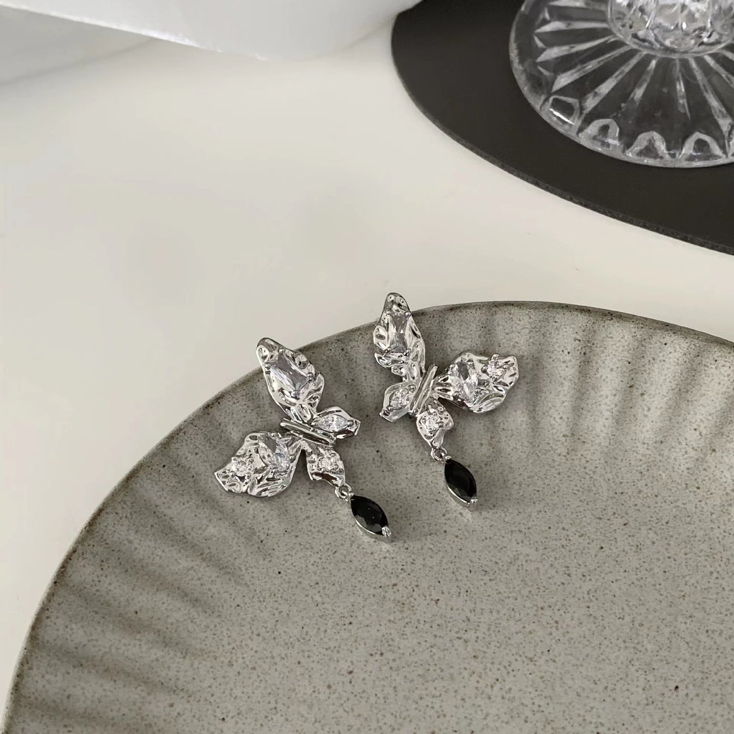 S925 silver pin glitter butterfly drop dangle earrings