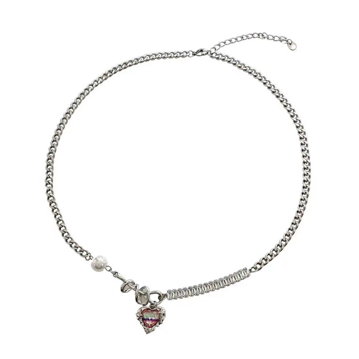 Colorful love stitching rhinestone pearl necklace female light luxury ins niche simple personality sweet cool wind collarbone chain tide