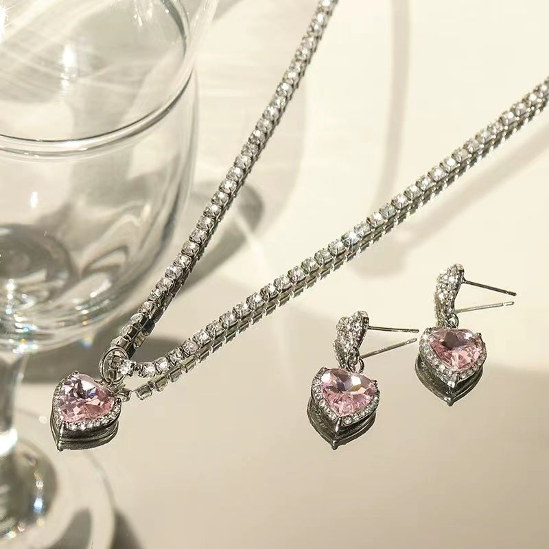 Pink diamond love zirconia necklace set light luxury full of diamonds sweet cool spicy girl style collarbone chain earrings ear pin set